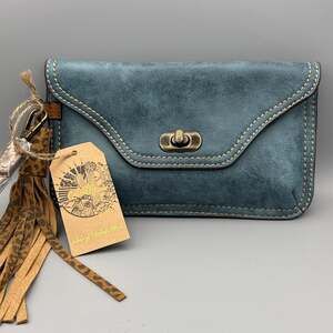 Catchfly Studio Bohemian Blue Brown vegan Leather Clutch Wristlet leopard tassel